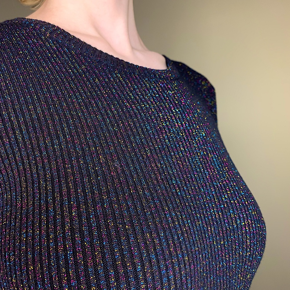 Black Form-Fitting Long Sleeve Knit Dress with Multicolored Sparkles